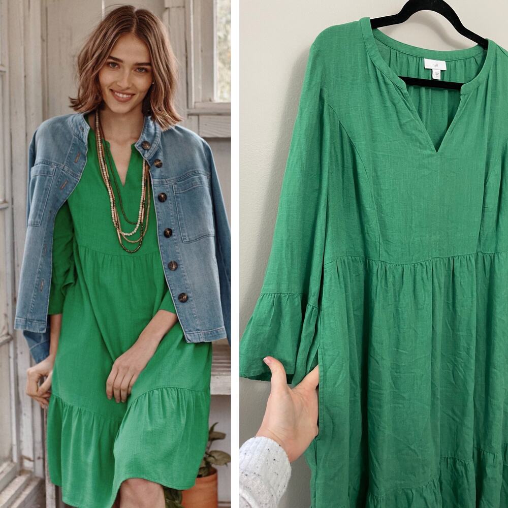 J. Jill Minimalist Classic Preppy Kelly Green Jardin Tiered Linen Prarie Dress M